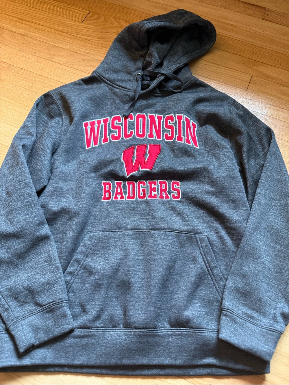 Colosseum Gray Hooded Sweatshirt with Red Wisconsin Graphic
